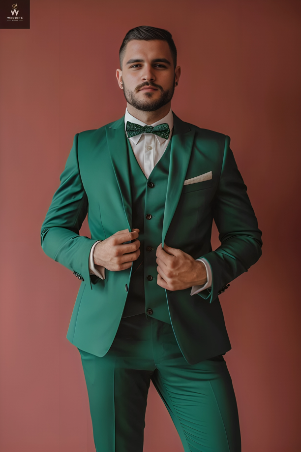 Custom Green Three-Piece Suit for Men - Bespoke Wedding Suit, Tailored Men's Wedding Attire