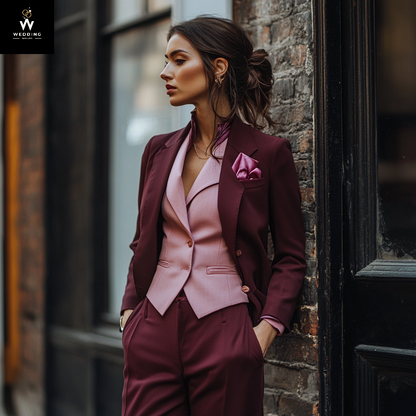 Women's Burgundy Three-Piece Suit – Classic Tailoring with a Modern Contrast