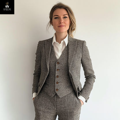 Premium Grey Wool Women's Three-Piece Herringbon Suit | Custom Wedding & Engagement Attire