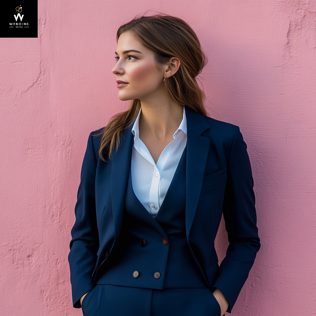 Custom Women's Navy Blue 3-Piece Pant Suit | Tailored Business Attire