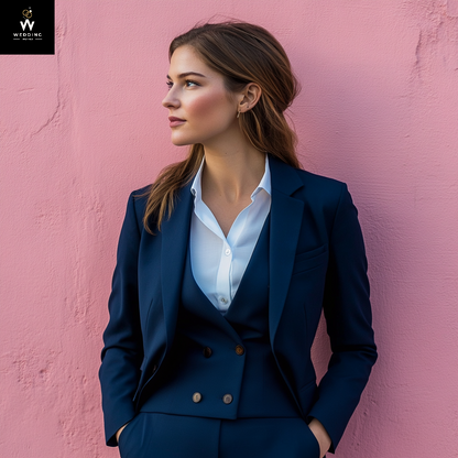 Custom Women's Navy Blue 3-Piece Pant Suit | Tailored Business Attire