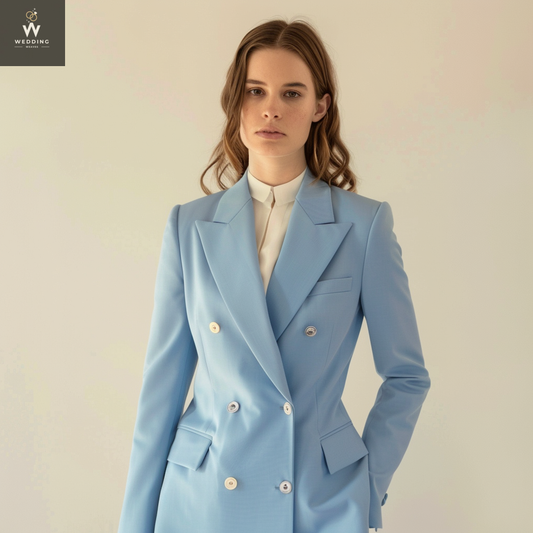 Blue Two-Piece Double-Breasted Pant Suit for Women | Dressy Wedding Suit