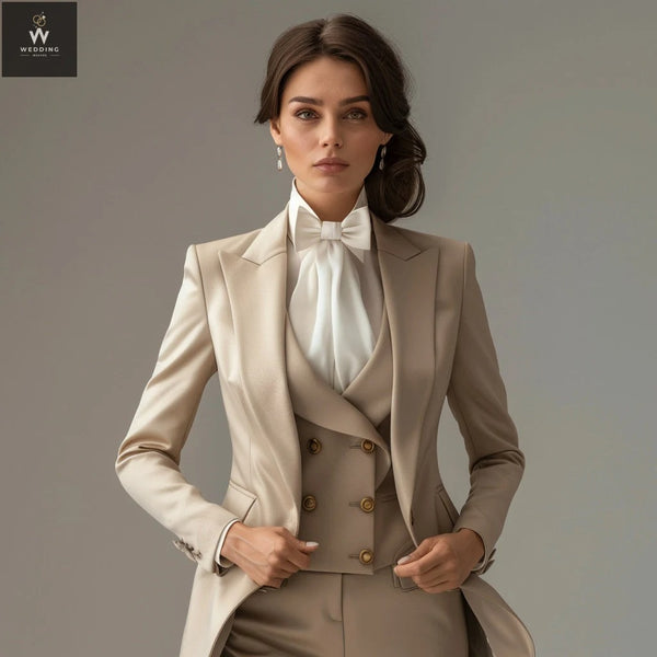 Beige Women's Three-Piece Tuxedo Suit - Elegant Female Tuxedo For Wedding