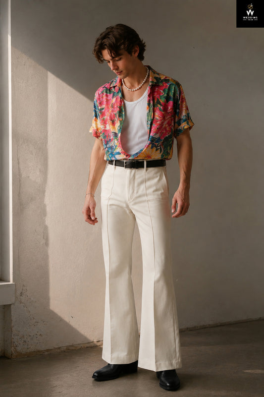 Men's Ivory Flared Bell Bottom Trousers