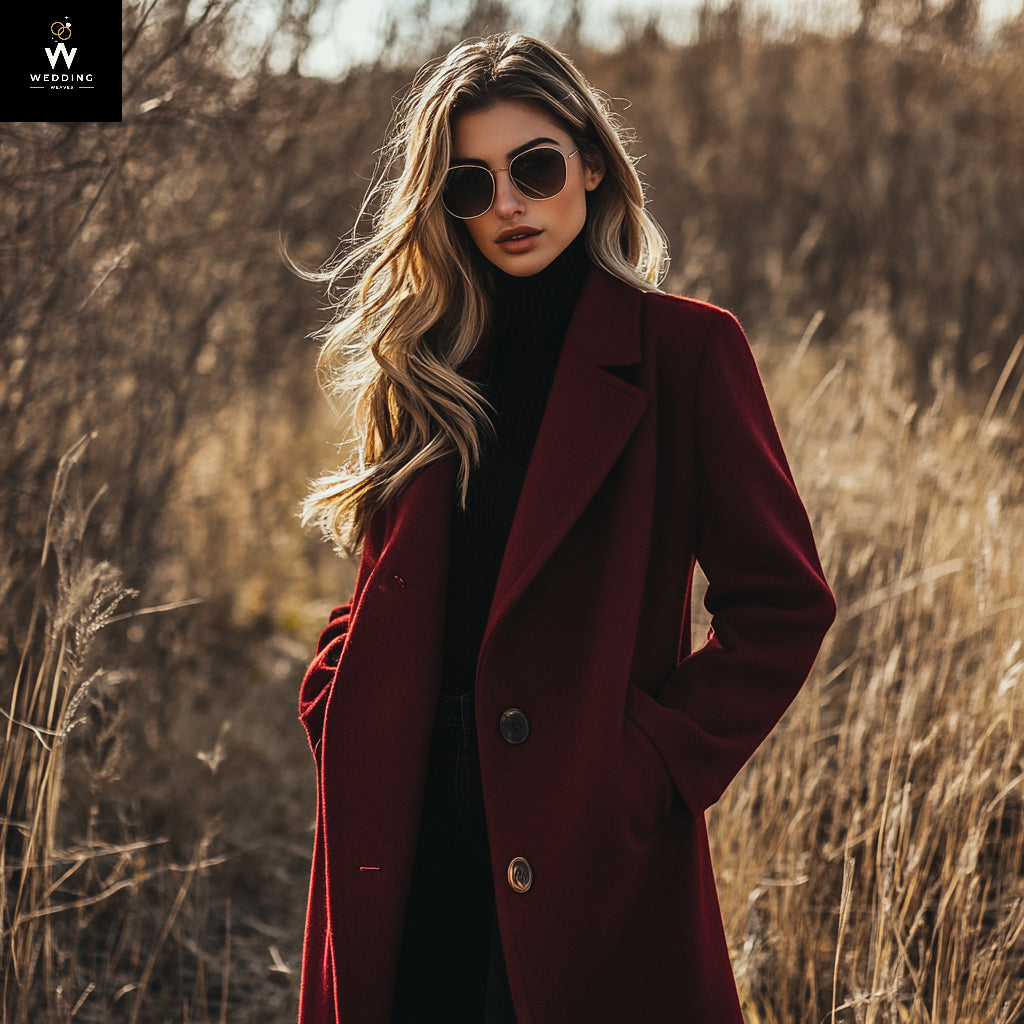 Timeless Women's Burgundy Wool Long Coat – Wide Notch Lapel Overcoat 38