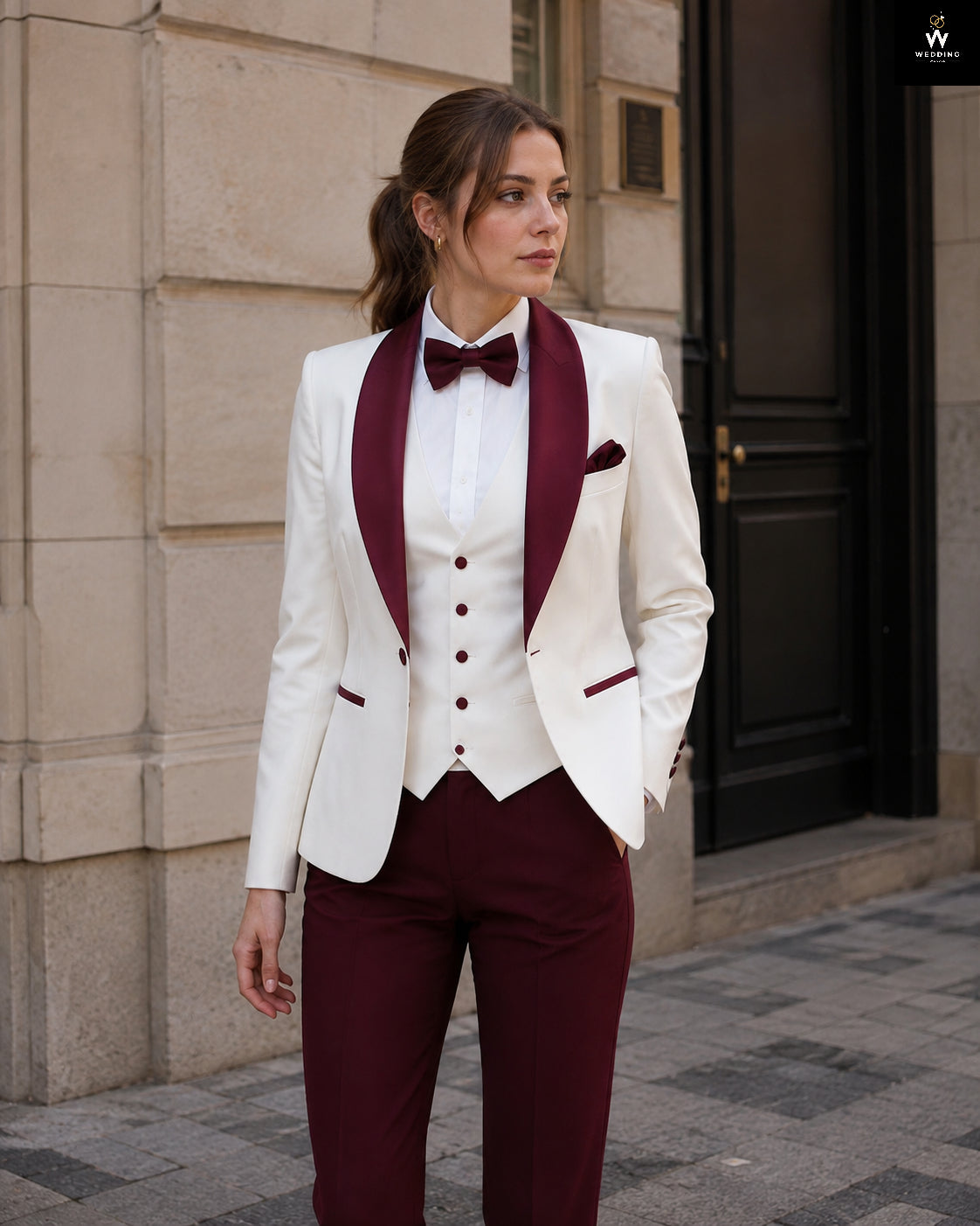burgundy white suit