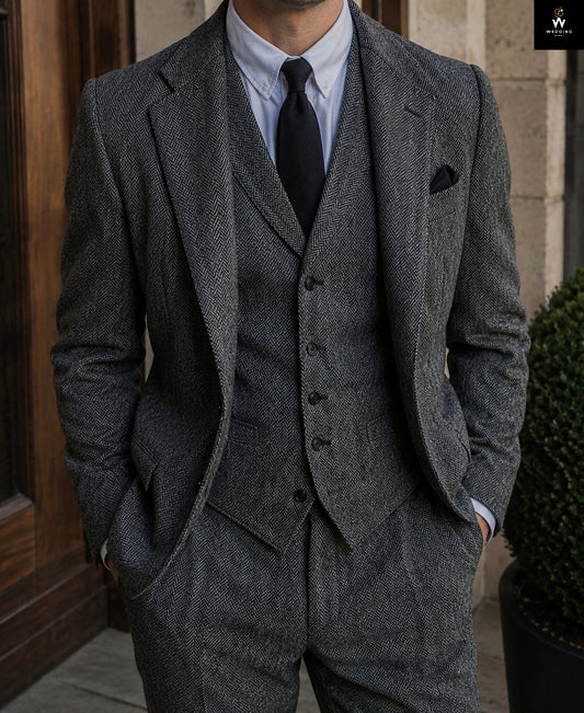 grey herringbone suit