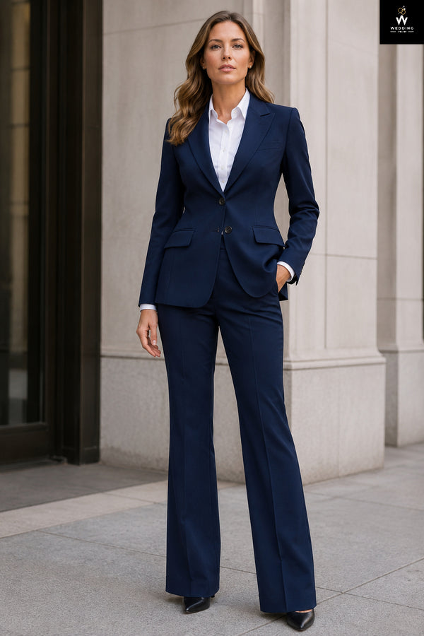 Women's Navy Peak Lapel Suit with Bell Bottom Pants