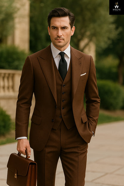 Men’s Classic Brown Three Piece Suit – Slim Fit Formal Wear