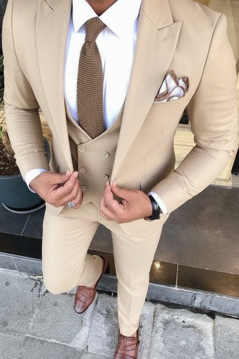 Beige Three Piece Suit For Men