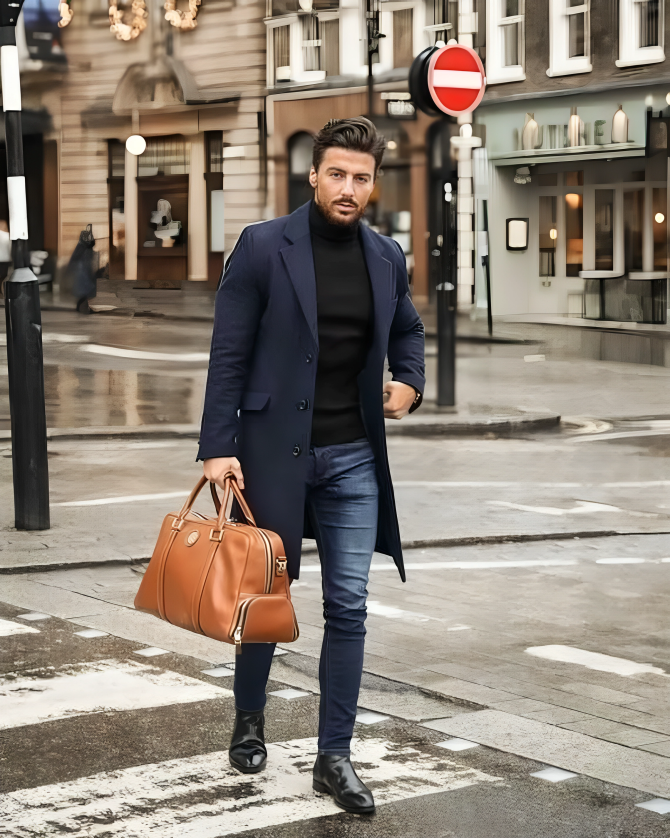 Handmade Premium Navy Wool Men's Long Trench Coat – Winter, Business, and Casual Wear