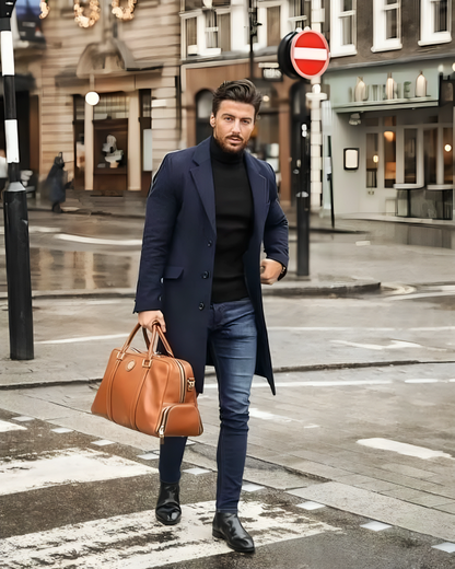 Handmade Premium Navy Wool Men's Long Trench Coat – Winter, Business, and Casual Wear