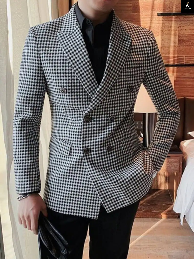 Elegant Houndstooth Two-Piece Suit for Men – Double-Breasted Wedding Attire