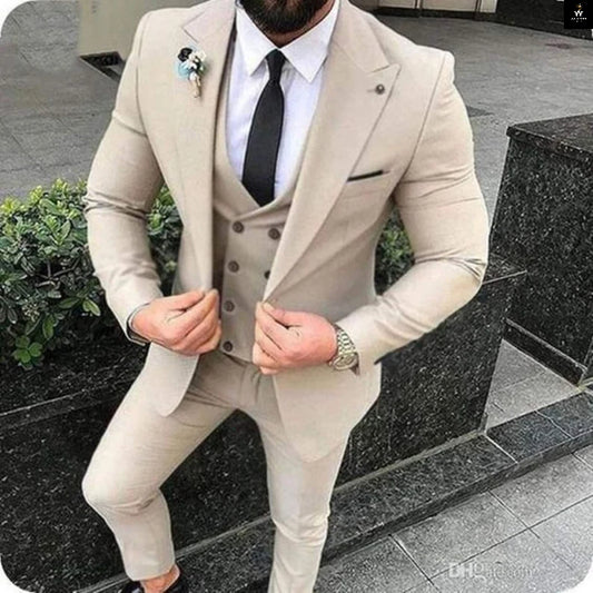 Classic Beige Slim Fit 3-Piece Suit for Men | Wedding & Groom Attire