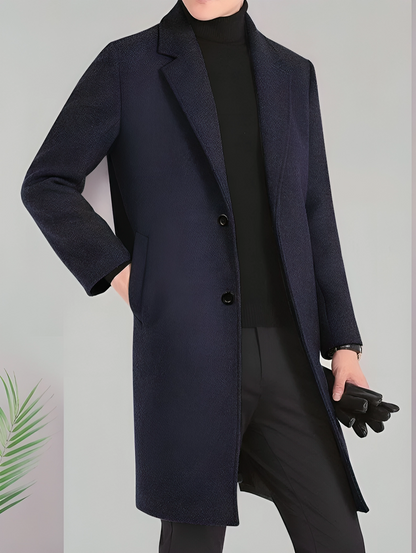 Handmade Premium Navy Wool Men's Long Trench Coat – Winter, Business, and Casual Elegance