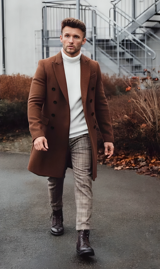 Handmade Stylish Brown Wool Men's Long Trench Coat – Winter, Business, Casual Wear