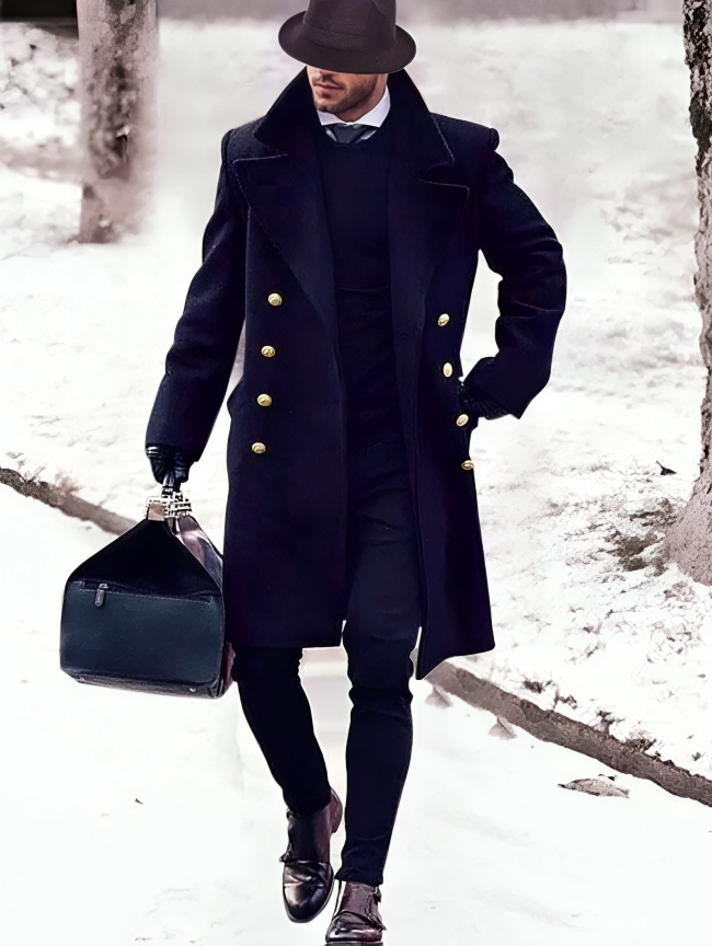 Handmade Premium Navy Wool Men's Long Trench Coat – Perfect for Winter, Business and Casual Wear