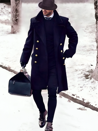 Handmade Premium Navy Wool Men's Long Trench Coat – Perfect for Winter, Business and Casual Wear