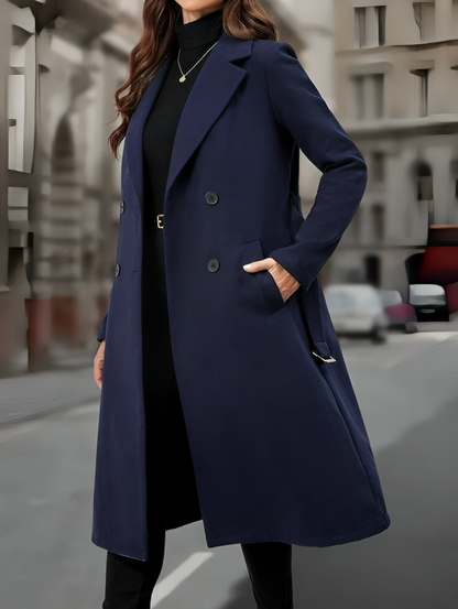 Handmade Navy Wool Long Trench Coat for Women – Stylish Winter Outerwear for Business & Casual Wear