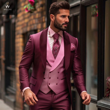 Men's Burgundy 3-Piece Suit – Custom Pink Bespoke Wedding Men's Burgundy 3-Piece Suit – Custom Pink Bespoke Wedding