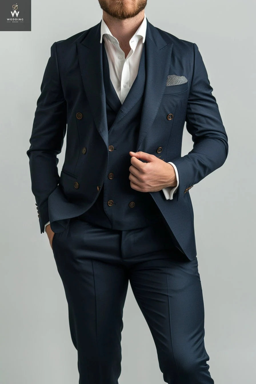 Custom Navy Blue Three-Piece Men's Suit - Bespoke Double-Breasted Wedding Suits