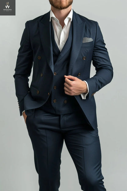 Custom Navy Blue Three-Piece Men's Suit - Bespoke Double-Breasted Wedding Suits