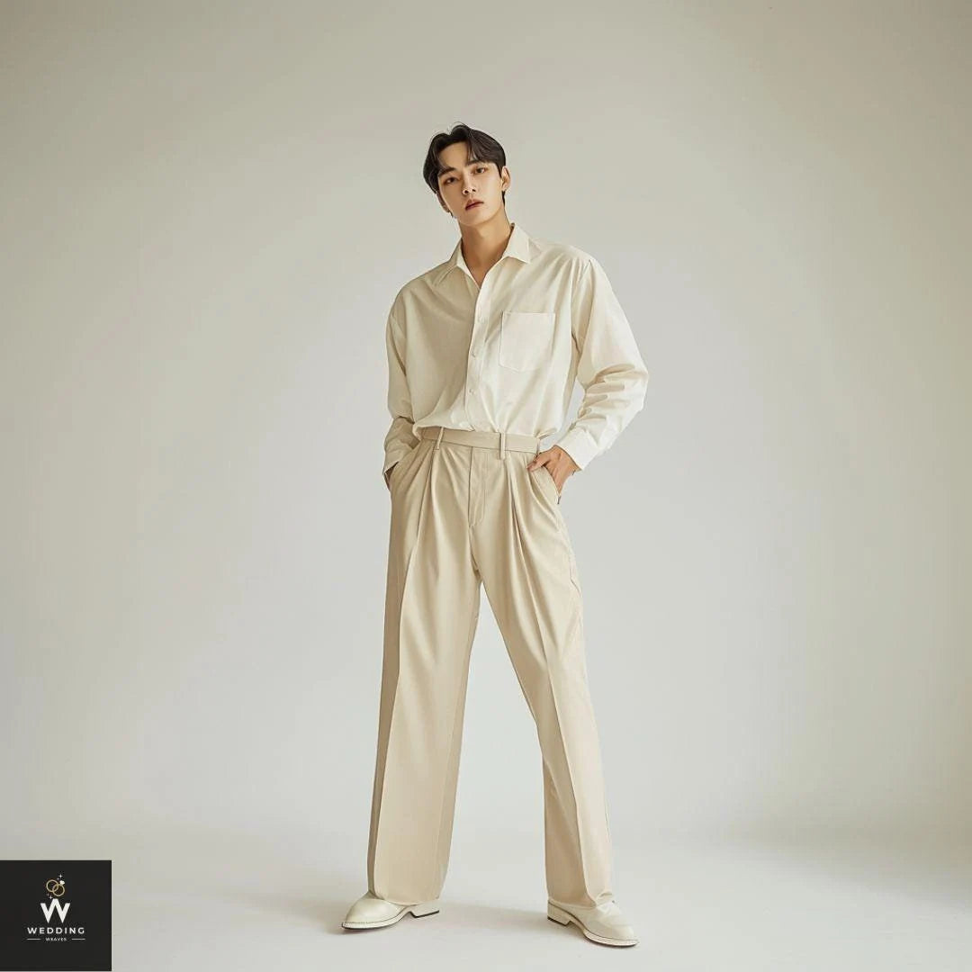 Men's Cream Formal Pants - Relaxed Fit