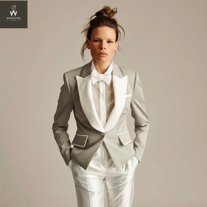 Grey Tuxedo Suit for Women – Grey & White Two-Piece Wedding Attire 46 / 42 Grey Tuxedo Suit for Women – Grey & White Two-Piece Wedding Attire 46 / 42