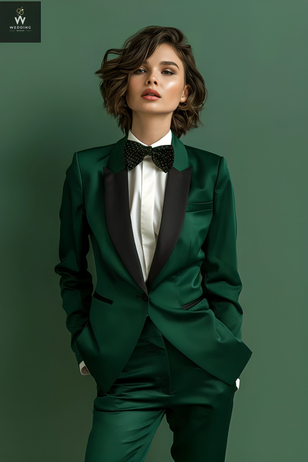 Green Tuxedo Suit for Women - Elegant Two-Piece Green & Black Wedding Suit