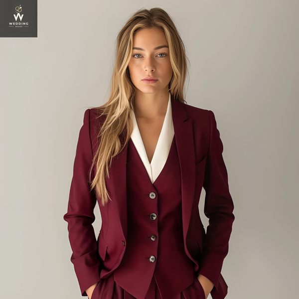 Burgundy Three-Piece Pant Suit for Women - Elegant Wedding Suit Set