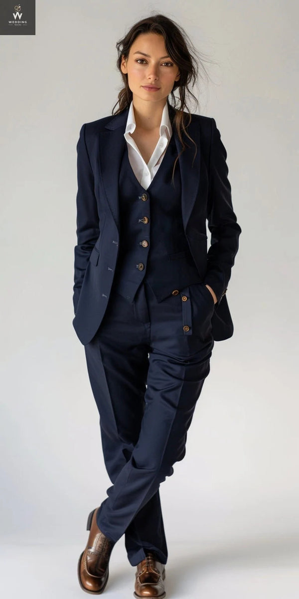 Custom Navy Three-Piece Suit for Women - Office-Ready Attire Custom Women's Suits