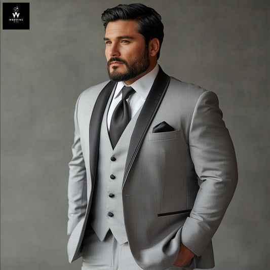 Stylish Shawl Lapel Grey Wedding Tuxedo for Big Men | Tailored Fit