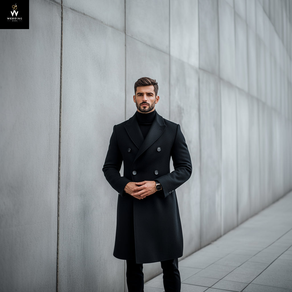 Men's Black Wool Long Overcoat – Peak Lapel & Winter Warmth