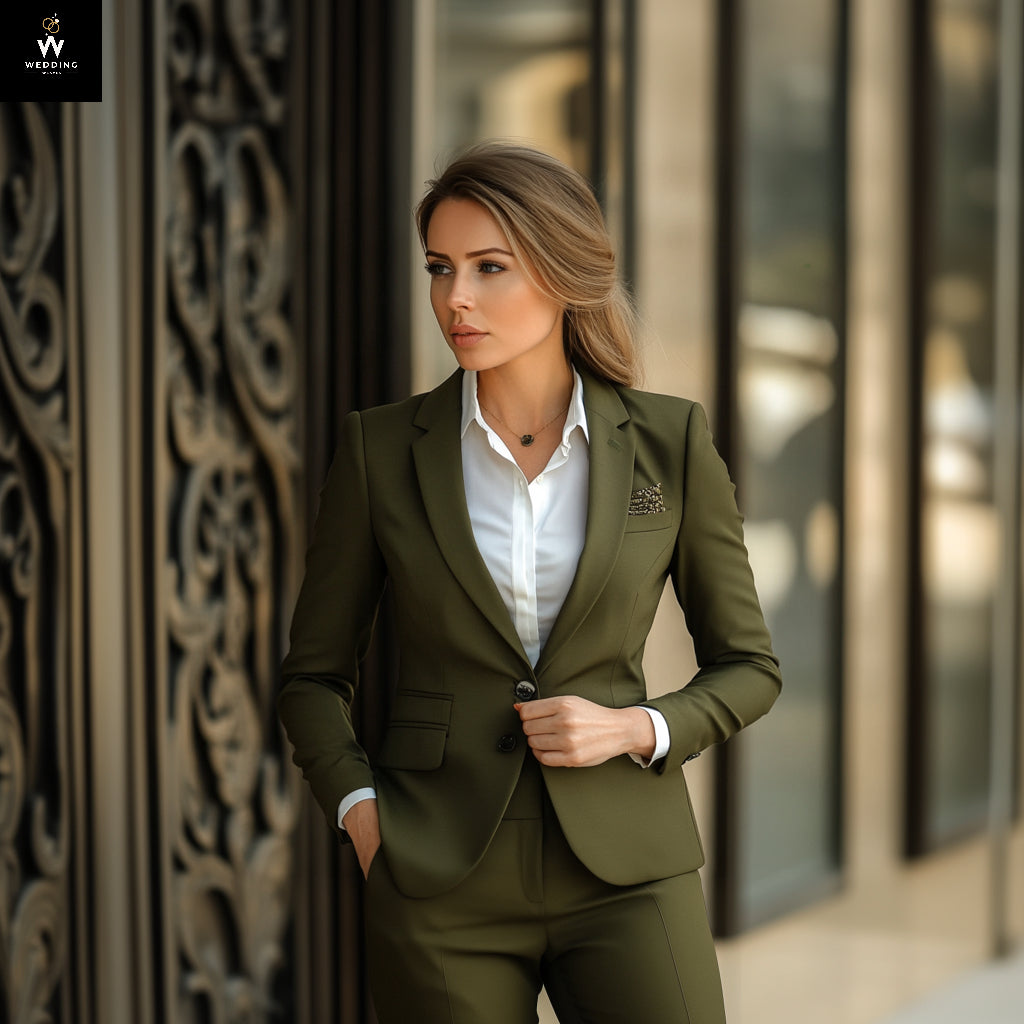 women's corporate dress suits Sky-Blue Belted Double Breasted Suit 2-Piece 1*Jacket + 1*Pants Occasion Olive Green Women's Two-Piece Suit