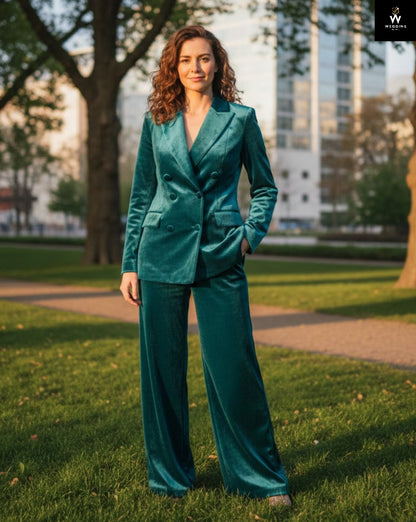 Women’s Teal Velvet Pantsuit – Premium Two-Piece Suit Ensemble