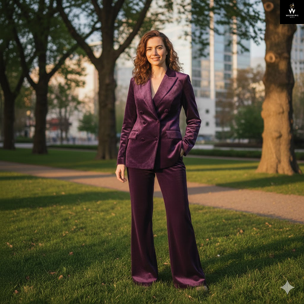 Women’s Purple Velvet Two Piece Suit – Stylish Party & Wedding Wear Outfit
